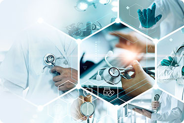 A collage of medical images featuring a doctor at the center, showcasing various aspects of healthcare.