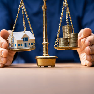 A man holds a scale with a house and coins on it, symbolizing asset protection - Alex Kincaid Law
