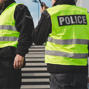 Two police officers in uniform standing on stairs, representing law enforcement. - Alex Kincaid Law