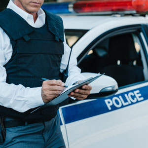 A law enforcement officer takes notes in front of a car, holding a clipboard and pen. - Alex Kincaid Law