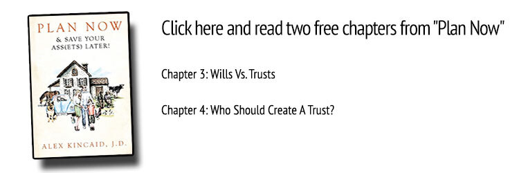 Image of book 'Plan Now' and offer to read chapters on wills vs. trusts and creating a trust