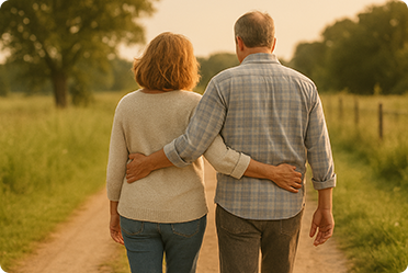 Rear view of an older couple walking arm-in-arm down a dirt path in a sunny, grassy field