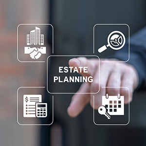 Real estate agent using virtual touch screen presses inscription: ESTATE PLANNING. Estate Planning concept.  Real estate, mortgage and property.