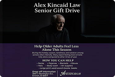 Ad for Alex Kincaid Law Senior Gift Drive featuring a pensive older man and donation items
