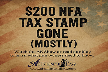 $200 NFA Tax Stamp Gone (Mostly) sign on US flag background. Gun law news.